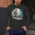 Whimsical Forest Adventures Sasquatch Bigfoot Walking Boston Terrier Dog Lovers Men's Long Sleeve T-Shirt, funny design