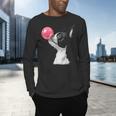 Boston Terrier Dog Blowing Chewing Bubble Gum Pink Men's Long Sleeve T-Shirt, gift for family, gift for coworker