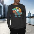 Boston Terrier Dog Riding Dinosaur T Rex Boys Men's Long Sleeve T-Shirt, gift for family, gift for coworker