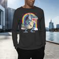 Boston Terrier Riding Dinosaur T-Rex Boys Kids Rainbow Men's Long Sleeve T-Shirt, gift for family, gift for coworker