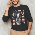 Boston Terrier Dog American Flag 4th Of July Patriotic Puppy Men's Long Sleeve T-Shirt, novelty gifts, funny gifts