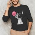Boston Terrier Dog Blowing Chewing Bubble Gum Pink Men's Long Sleeve T-Shirt, novelty gifts, funny gifts