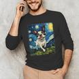 Boston Terrier Dog Starry Night Painting Men's Long Sleeve T-Shirt, novelty gifts, funny gifts