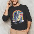 Boston Terrier Riding Dinosaur T-Rex Boys Kids Rainbow Men's Long Sleeve T-Shirt, novelty gifts, funny gifts