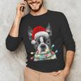 Boston Terrier Santa Christmas Tree Lights Xmas Boys Men Dog Men's Long Sleeve T-Shirt, novelty gifts, funny gifts