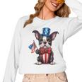 Boston Terrier Puppy Dog Holds His American Flag 4th Of July Women Long Sleeve T-Shirt, American Boston Terrier Gifts, Boston Terrier 4th Of July Gifts, trending gift