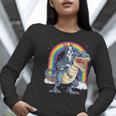 Boston Terrier Riding Dinosaur T-Rex Boys Kids Rainbow Women Long Sleeve T-Shirt, Boston Terrier Riding Shirts, funny gift