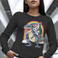 Boston Terrier Unicorn Riding Dinosaur T-Rex Girls Rainbow Women Long Sleeve T-Shirt, Boston Terrier Riding Shirts, funny gift