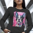 Dog Pink Boston Terrier Women Long Sleeve T-Shirt, funny gift