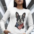 Boston Terrier American Flag Women Long Sleeve T-Shirt, American Boston Terrier Shirts, funny gift