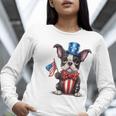 Boston Terrier Puppy Dog Holds His American Flag 4th Of July Women Long Sleeve T-Shirt, American Boston Terrier Shirts, Boston Terrier 4th Of July Shirts, funny gift