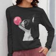 Boston Terrier Dog Blowing Chewing Bubble Gum Pink Women Long Sleeve T-Shirt, funny design