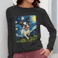 Boston Terrier Dog Starry Night Painting Women Long Sleeve T-Shirt, funny design