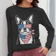 Boston Terrier USA Flag Sunglasses Patriotic 4th Of July Women Long Sleeve T-Shirt, Patriotic Boston Terrier Gifts, Boston Terrier 4th Of July Gifts, funny design
