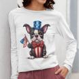 Boston Terrier Puppy Dog Holds His American Flag 4th Of July Women Long Sleeve T-Shirt, American Boston Terrier Gifts, Boston Terrier 4th Of July Gifts, funny design