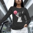 Boston Terrier Dog Blowing Chewing Bubble Gum Pink Women Long Sleeve T-Shirt, gift for family, gift for coworker