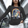 Boston Terrier Riding Dinosaur T-Rex Boys Kids Rainbow Women Long Sleeve T-Shirt, Boston Terrier Riding Shirts, gift for family, gift for coworker
