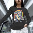 Boston Terrier Unicorn Riding Dinosaur T-Rex Girls Rainbow Women Long Sleeve T-Shirt, Boston Terrier Riding Shirts, gift for family, gift for coworker
