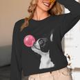 Boston Terrier Dog Blowing Chewing Bubble Gum Pink Women Long Sleeve T-Shirt, novelty gifts, funny gifts