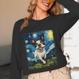 Boston Terrier Dog Starry Night Painting Women Long Sleeve T-Shirt, novelty gifts, funny gifts