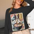 Boston Terrier Ramen Noodles Japanese Art Retro Ocean Waves Women Long Sleeve T-Shirt, novelty gifts, funny gifts