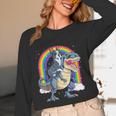 Boston Terrier Riding Dinosaur T-Rex Boys Kids Rainbow Women Long Sleeve T-Shirt, novelty gifts, funny gifts