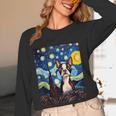 Boston Terrier Starry Night Van Gogh Art Women Long Sleeve T-Shirt, novelty gifts, funny gifts