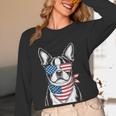Boston Terrier USA Flag Sunglasses Patriotic 4th Of July Women Long Sleeve T-Shirt, novelty gifts, funny gifts
