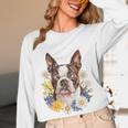 Floral Boston Terrier Women Long Sleeve T-Shirt, novelty gifts, funny gifts