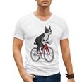 Boston Terrier Riding Bicycle Cute Bostie Biker Raglan Baseball Tee Men's V-Neck T-Shirt, Boston Terrier Riding Gifts, trending gift