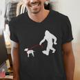 Bigfoot Walking With Bull Terrier Dog Men's V-Neck T-Shirt, funny gift