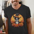 Boston Terrier Bostie Dog Breed Pet Halloween Pumpkins Men's V-Neck T-Shirt, Boston Terrier Halloween Shirts, funny gift