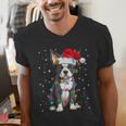 Boston Terrier Christmas Santa Hat Tree Lights Pajama Men's V-Neck T-Shirt, Boston Terrier Christmas Shirts, funny gift