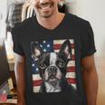 Boston Terrier Dog American Flag 4th Of July Patriotic Puppy Men's V-Neck T-Shirt, Patriotic Boston Terrier Shirts, American Boston Terrier Shirts, Boston Terrier 4th Of July Shirts, funny gift