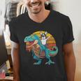 Boston Terrier Dog Riding Dinosaur T Rex Boys Men's V-Neck T-Shirt, Boston Terrier Riding Shirts, funny gift