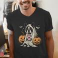 Boston Terrier Ghost Boo Halloween Costume Spooky Season Men's V-Neck T-Shirt, Boston Terrier Halloween Shirts, Boston Terrier Ghost Shirts, funny gift