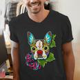 Boston Terrier In Red Day Of The Dead Sugar Skull Dog Men's V-Neck T-Shirt, funny gift