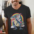 Boston Terrier Unicorn Riding Dinosaur T-Rex Girls Rainbow Men's V-Neck T-Shirt, Boston Terrier Riding Shirts, funny gift