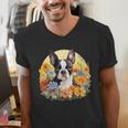 Cute Boston Terrier Spring Flower Garden Colorful Puppy Dog Men's V-Neck T-Shirt, funny gift