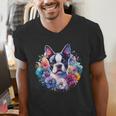Watercolor Floral Boston Terrier Mama Dog Lover Mother's Day Men's V-Neck T-Shirt, funny gift
