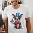 Boston Terrier Puppy Dog Holds His American Flag 4th Of July Men's V-Neck T-Shirt, American Boston Terrier Shirts, Boston Terrier 4th Of July Shirts, funny gift