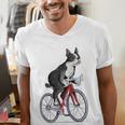 Boston Terrier Riding Bicycle Cute Bostie Biker Raglan Baseball Tee Men's V-Neck T-Shirt, Boston Terrier Riding Shirts, funny gift