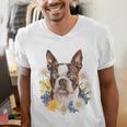 Floral Boston Terrier Men's V-Neck T-Shirt, funny gift
