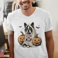 Halloween Boston Terrier Ghost Men's V-Neck T-Shirt, Boston Terrier Halloween Shirts, Boston Terrier Ghost Shirts, funny gift