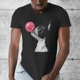 Boston Terrier Dog Blowing Chewing Bubble Gum Pink Men's V-Neck T-Shirt, funny design