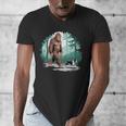 Whimsical Forest Adventures Sasquatch Bigfoot Walking Boston Terrier Dog Lovers Men's V-Neck T-Shirt, funny design