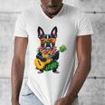 Hawaiian Boston Terrier & Pineapple Ukulele Summer Vacation Men's V-Neck T-Shirt, funny design