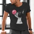Boston Terrier Dog Blowing Chewing Bubble Gum Pink Men's V-Neck T-Shirt, gift for family, gift for coworker