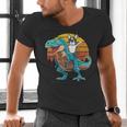 Boston Terrier Dog Riding Dinosaur T Rex Boys Men's V-Neck T-Shirt, Boston Terrier Riding Shirts, gift for family, gift for coworker
