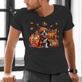 Boston Terrier Thanksgiving Leopard Pumpkins Fall Leaves Men's V-Neck T-Shirt, Boston Terrier Thanksgiving Shirts, gift for family, gift for coworker